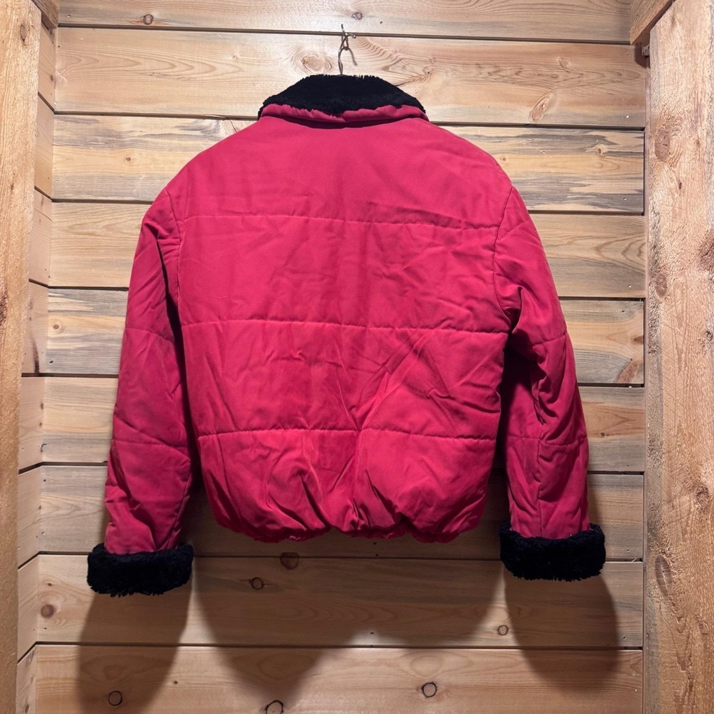 Vintage Red Quilted Bomber Jacket Women's Black faux fur Collar UGA DAWGS XS 80s - Picture 3 of 8